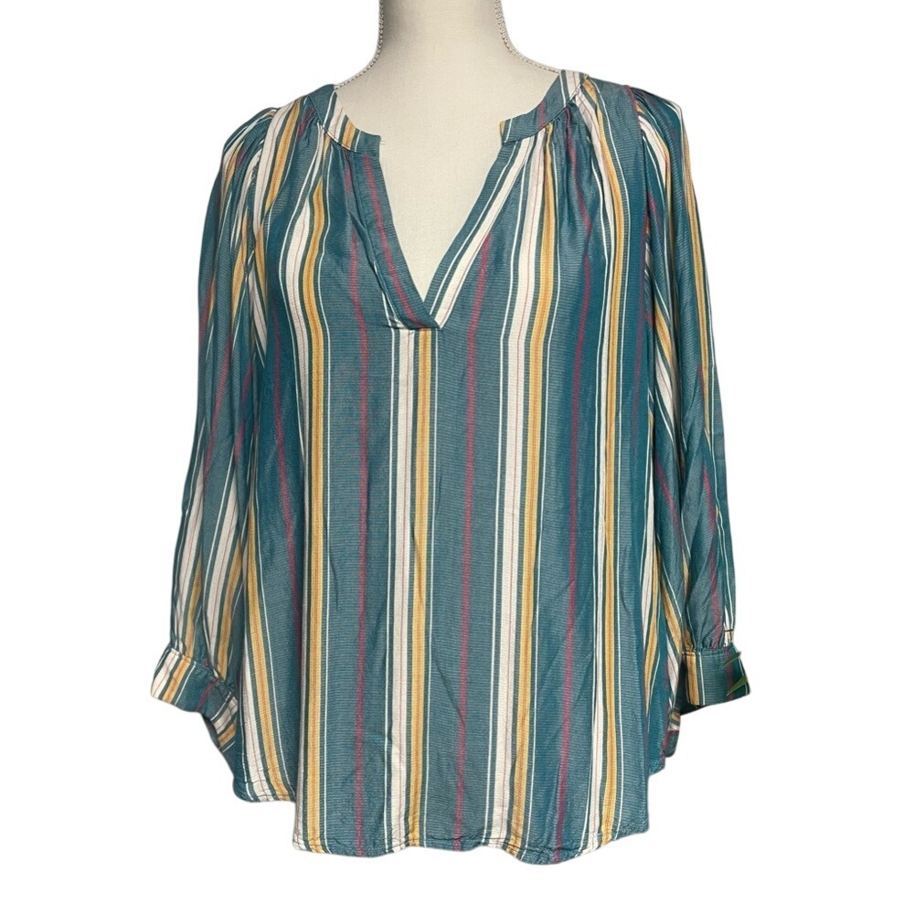 Maeve Anthropologie Teal Striped V-Neck Blouse Women's Large